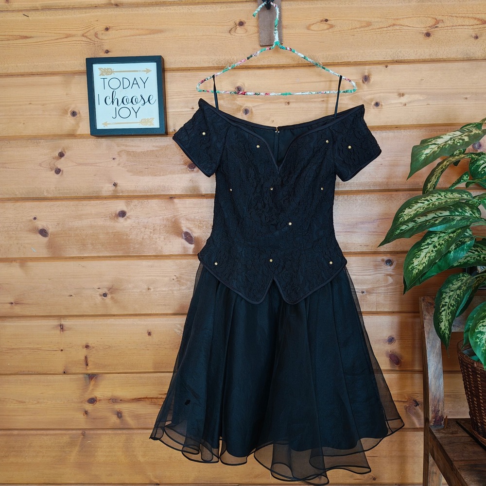 Tadashi Vintage Black Lace Chiffon Dress Embellish Goth Designer 6 *read flaws!*